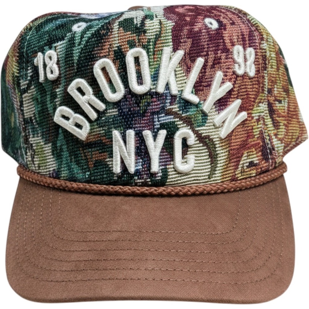 Mad Engine Brooklyn NYC Tapestry Floral Snapback Hat Brown Faux Suede Rope Cap